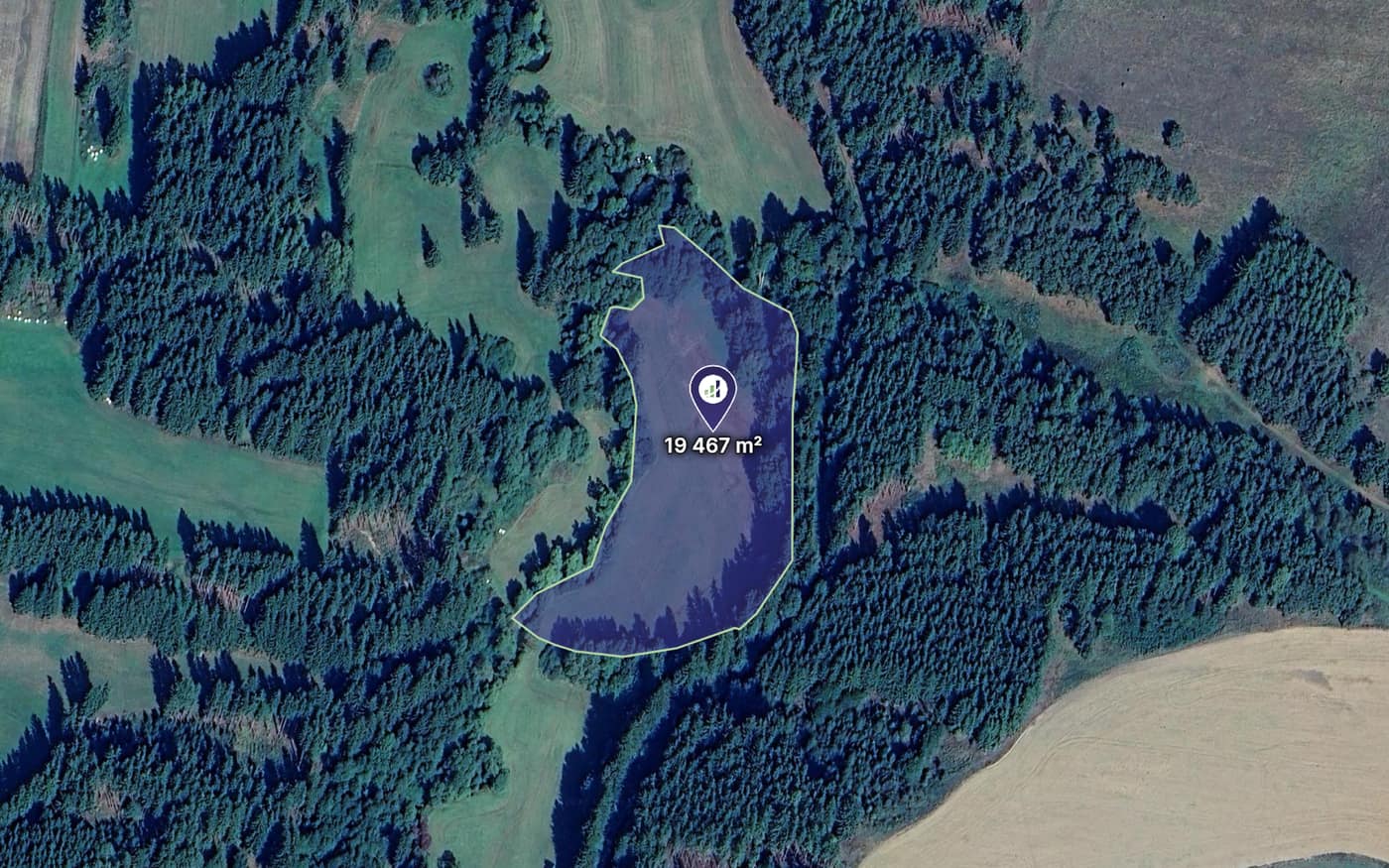 Lesní pozemek 1,95 ha, Rynoltice — vyznačení pozemku na leteckém snímku
